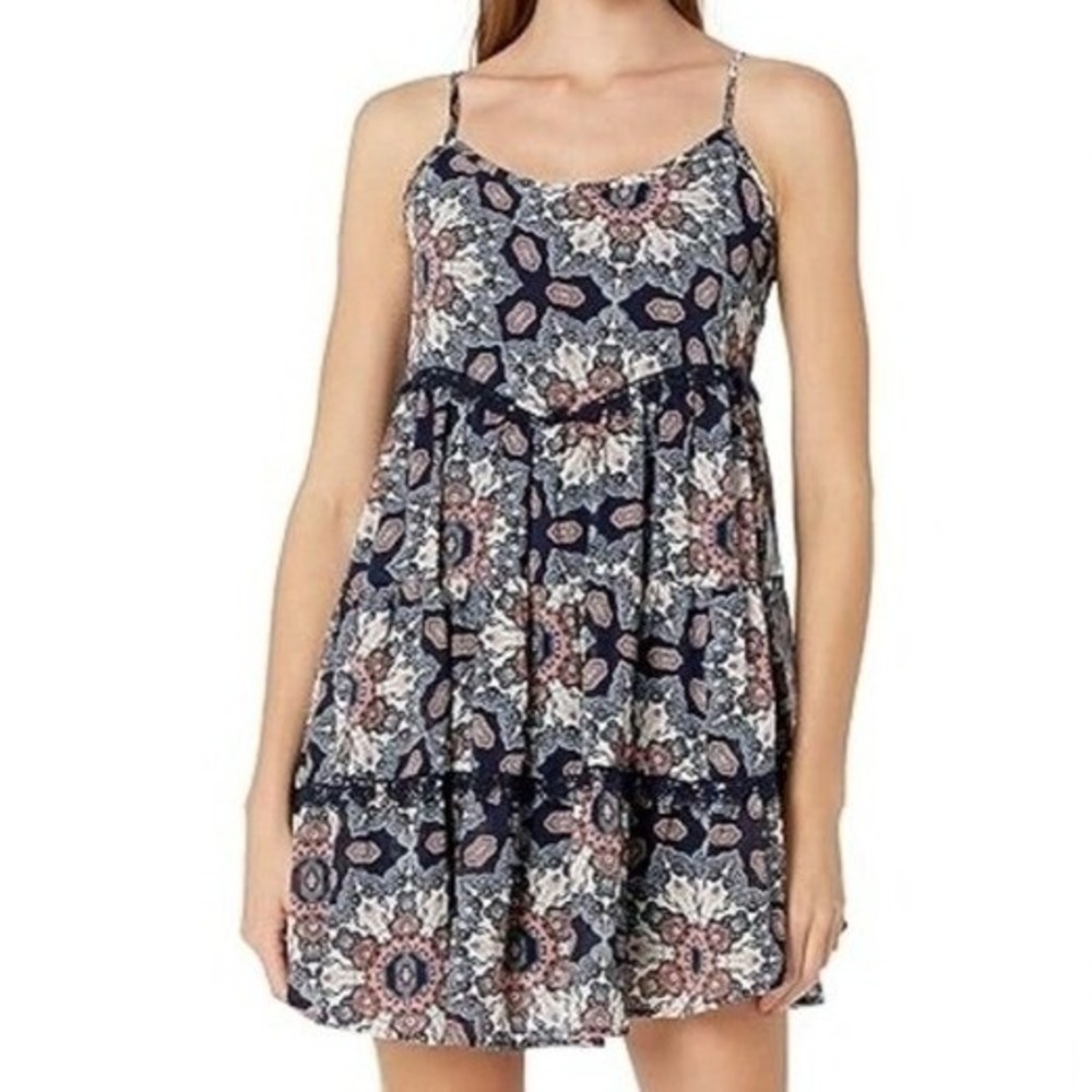 Taylor & Sage Navy Blue Boho Paisley Mini Dress Spaghetti‎ Straps Lace Trim M
